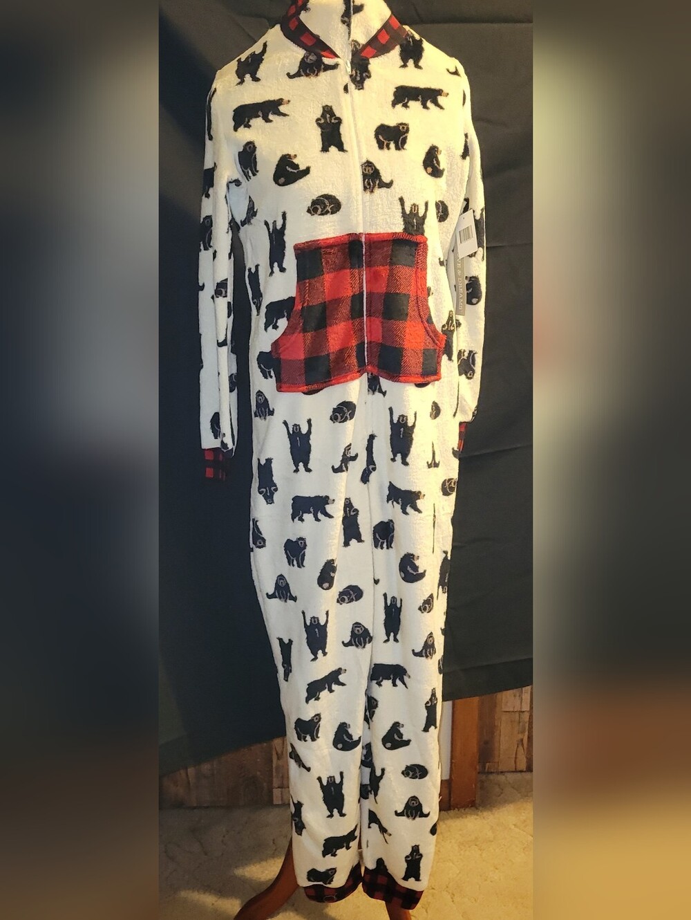 Cozy Bear-Print One-Piece Pajama with Red Plaid Pocket